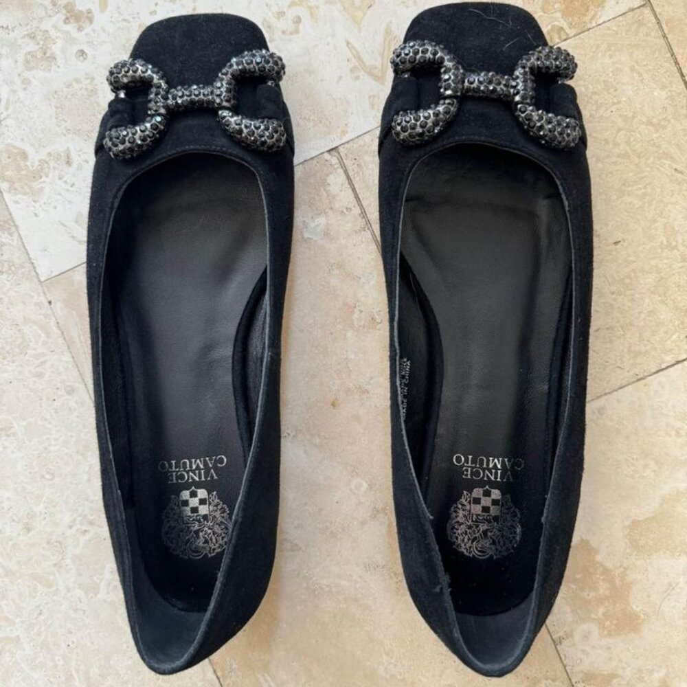 Vince Camuto Domineek Black Suede leather Ballet Flat Rhinestone Embellished 8.5